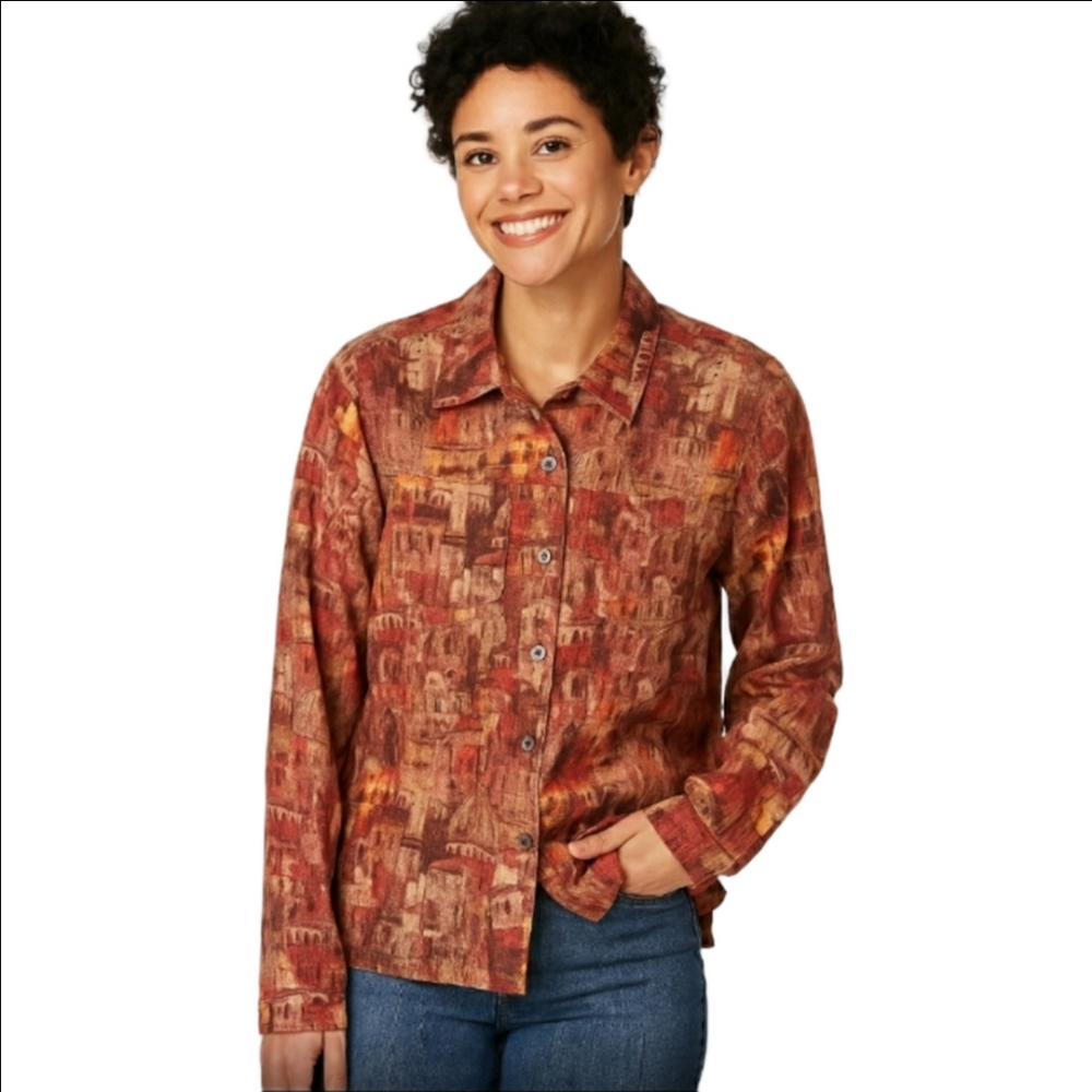 Chico's Multicolor Architectural Print Button-Down Shirt Long-Sleeve Size 3 (XL)